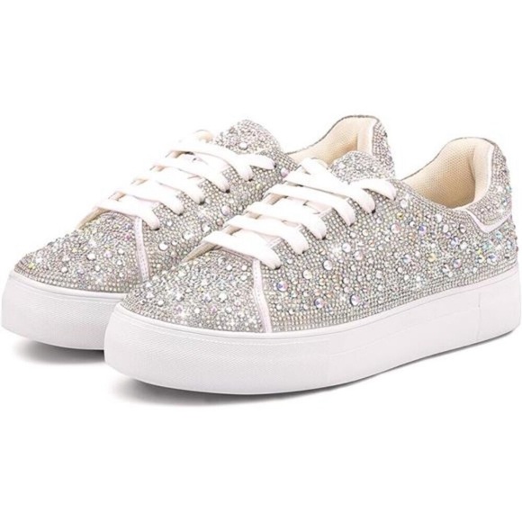 Shoes - Sparkle Rhinestone Sneakers for Women - Bling Fashion Bedazzled Platform Tennis